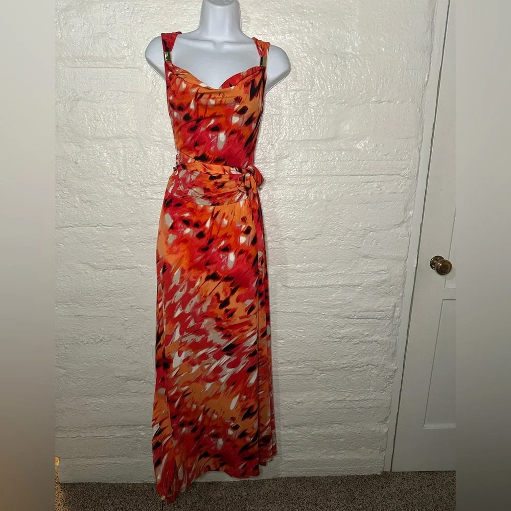 Calvin Klein Orange Red Floral Print Maxi Dress